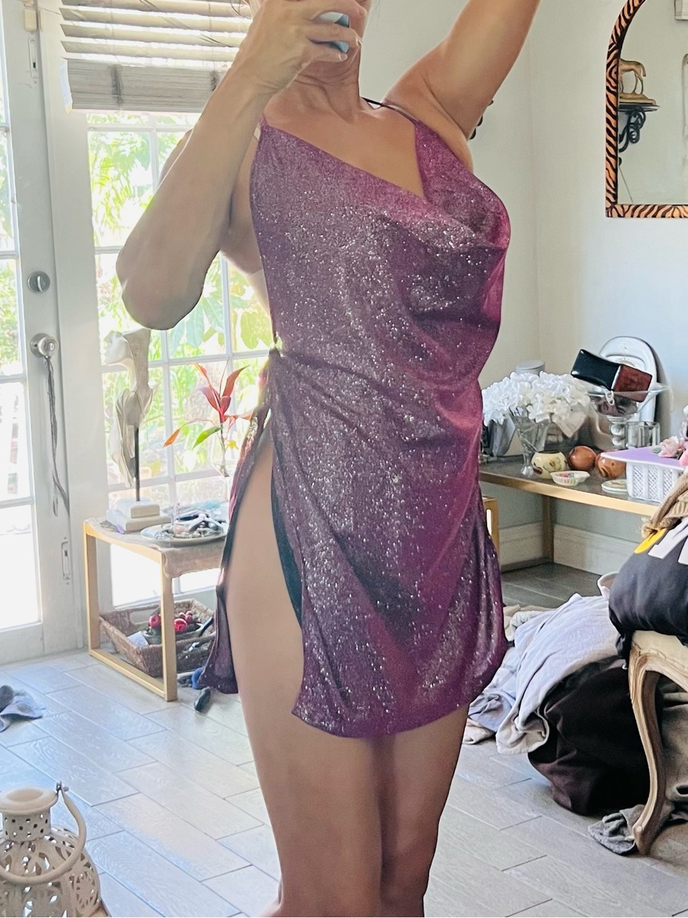 SHEIN Glitter Cowl Neck Mini Dress in Plum (backless) like new!